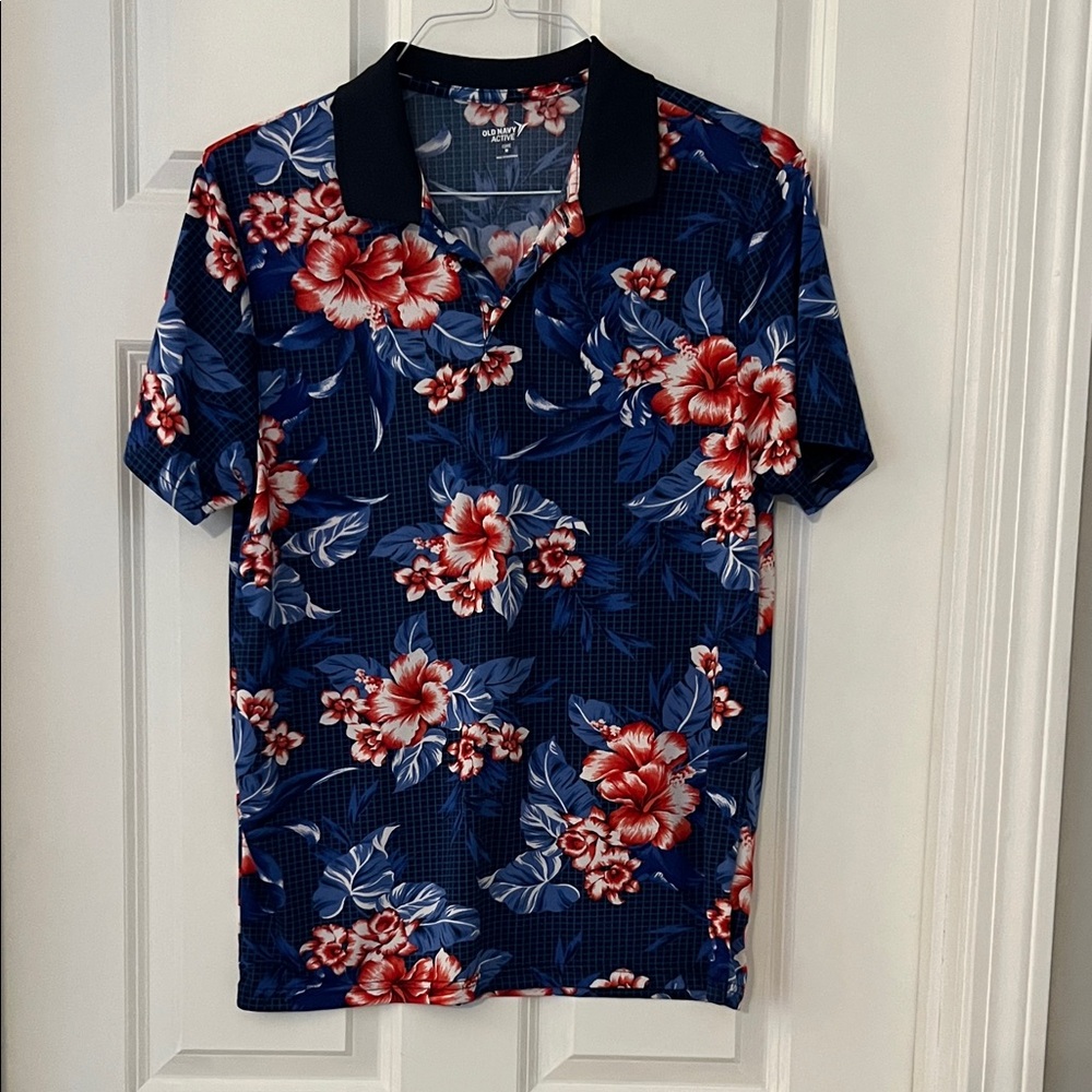 Old Navy Blue and Red Floral Men's Polo